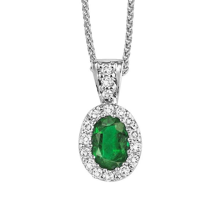 14K White Gold Color Ens Halo Prong Emerald Pendant 1/10CT 3 14K White Gold Color Ens Halo Prong Emerald Pendant 1/10CT