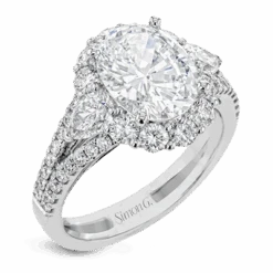 Simon G. Oval Cut Three Stone Halo Engagement Ring Setting (1.63CTW)