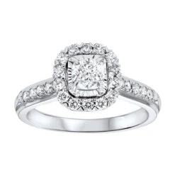 14K White Gold Tru Reflection Cushion Halo Prong Ring 1CTW