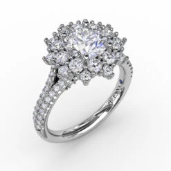 FANA Contemporary Floral Halo Engagement Ring Setting With Double-Row Pavé Band