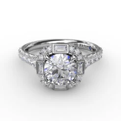 FANA Cushion Shaped Diamond Halo Engagement Ring Setting With Baguettes -DIAMOND JEWELRY SHOP S3286.Flat .White