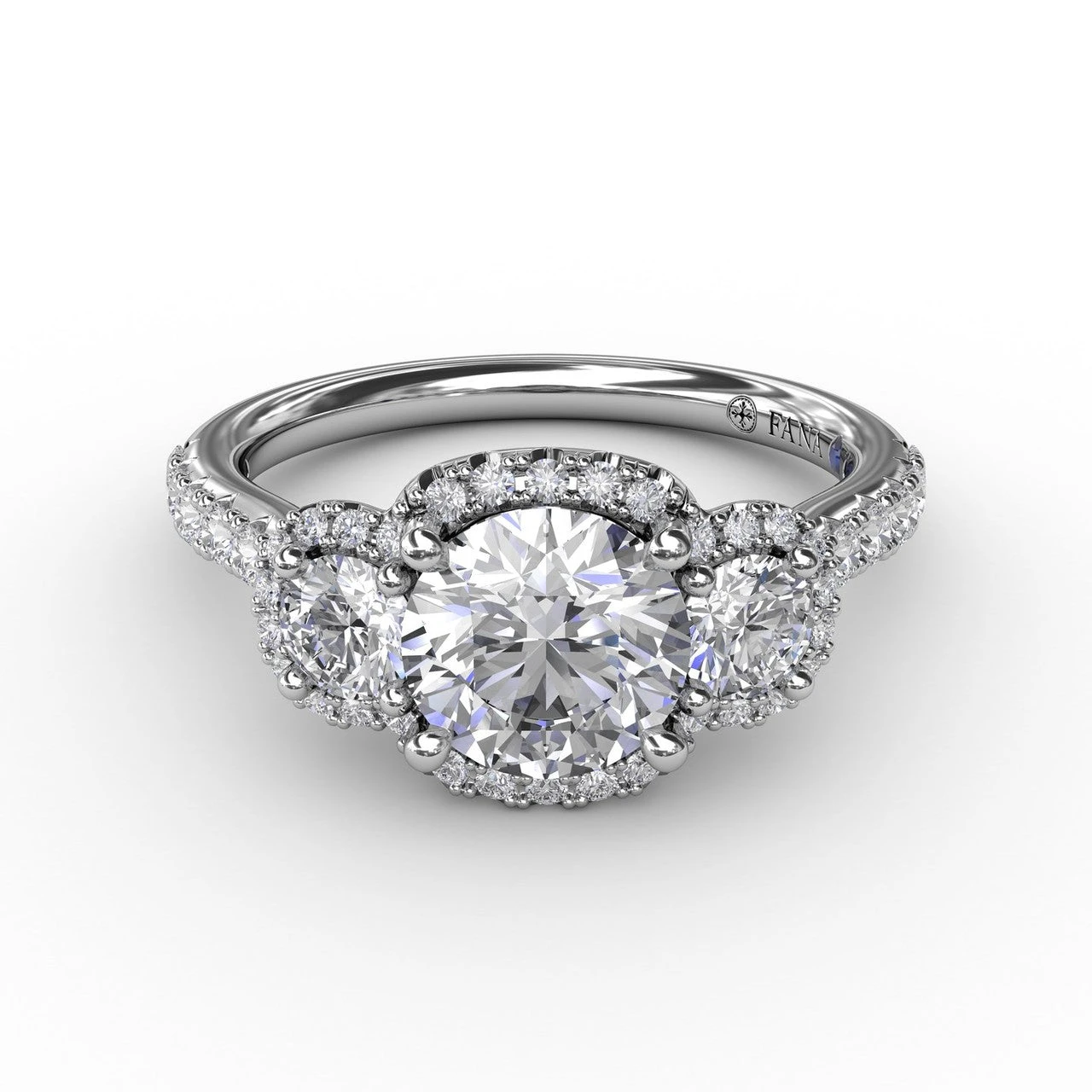 FANA Three-Stone Round Diamond Halo Engagement Ring Setting 5 FANA Three-Stone Round Diamond Halo Engagement Ring Setting - Image 3
