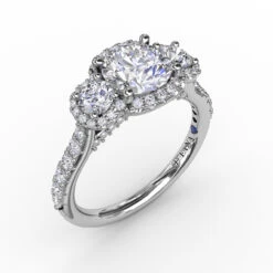 FANA Three-Stone Round Diamond Halo Engagement Ring Setting