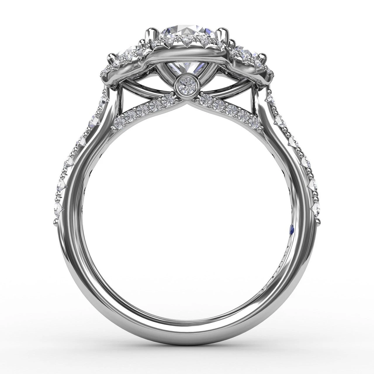 FANA Three-Stone Round Diamond Halo Engagement Ring Setting 4 FANA Three-Stone Round Diamond Halo Engagement Ring Setting - Image 2