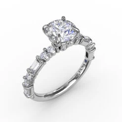 FANA Contemporary Diamond Solitaire Engagement Ring Setting With Baguettes And Round Diamond Accents