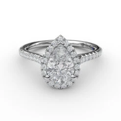 FANA Delicate Pear Shaped Halo And Pave Band Engagement Ring Setting -DIAMOND JEWELRY SHOP S3791.Flat .White