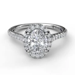 FANA Delicate Oval Shaped Halo And Pave Band Engagement Ring Setting -DIAMOND JEWELRY SHOP S3792.Flat .White