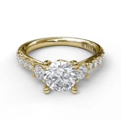 FANA Three Stone With Pave Engagement Ring Setting -DIAMOND JEWELRY SHOP S3921.Flat .Yellow