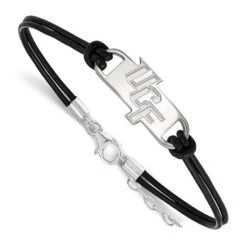 Sterling Silver Rhodium-plated LogoArt U Of Central Florida U-C-F Small Center Black Leather 7 Inch Bracelet With Extender