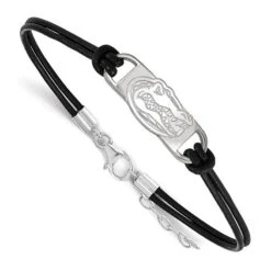 Sterling Silver Rhodium-plated LogoArt University Of Florida Gator Small Center Black Leather 7 Inch Bracelet With Extender