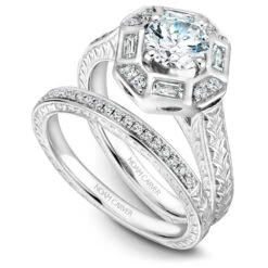 Noam Carver White Gold Bezel Baguette And Round Halo Engagement Ring Wtih Carved Shank (0.24 CTW) -DIAMOND JEWELRY SHOP b080 01ab