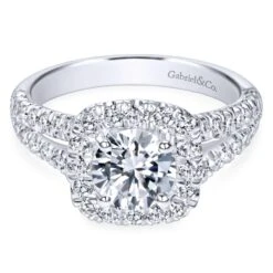 Gabriel Bridal Collection White Gold Diamond Diamond Accent Split Shank Halo Engagement Ring (0.83 Ctw)