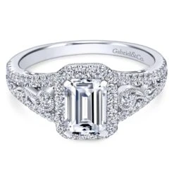 Gabriel Bridal Collection White Gold Diamond Emerald Cut Diamond Accent Halo Engagement Ring And Filigree Setting (0.49 Ctw)