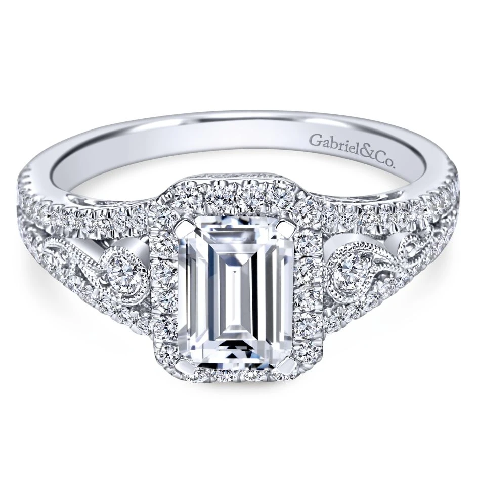 Gabriel Bridal Collection White Gold Diamond Emerald Cut Diamond Accent Halo Engagement Ring And Filigree Setting (0.49 Ctw) 3 Gabriel Bridal Collection White Gold Diamond Emerald Cut Diamond Accent Halo Engagement Ring And Filigree Setting (0.49 Ctw)