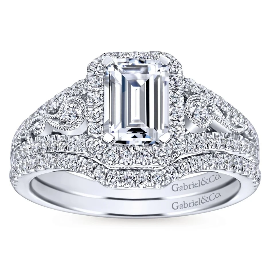 Gabriel Bridal Collection White Gold Diamond Emerald Cut Diamond Accent Halo Engagement Ring And Filigree Setting (0.49 Ctw) 6 Gabriel Bridal Collection White Gold Diamond Emerald Cut Diamond Accent Halo Engagement Ring And Filigree Setting (0.49 Ctw) - Image 4