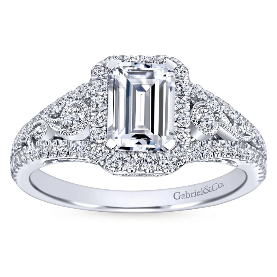 Gabriel Bridal Collection White Gold Diamond Emerald Cut Diamond Accent Halo Engagement Ring And Filigree Setting (0.49 Ctw) 7 Gabriel Bridal Collection White Gold Diamond Emerald Cut Diamond Accent Halo Engagement Ring And Filigree Setting (0.49 Ctw) - Image 5