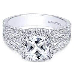 Gabriel Bridal Collection White Gold Diamond Cushion Cut Halo Triple Diamond Accent Engagement Ring (1.18 Ctw)