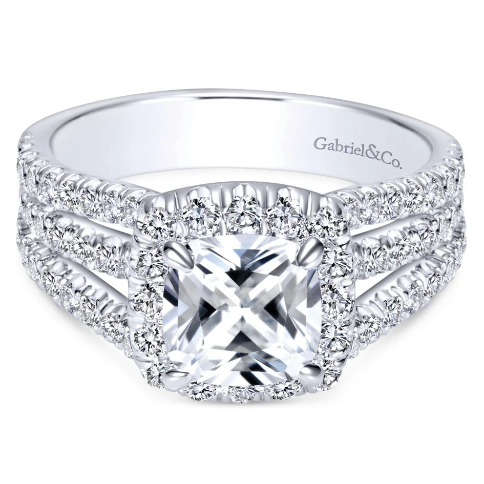 Gabriel Bridal Collection White Gold Diamond Cushion Cut Halo Triple Diamond Accent Engagement Ring (1.18 Ctw) 3 Gabriel Bridal Collection White Gold Diamond Cushion Cut Halo Triple Diamond Accent Engagement Ring (1.18 Ctw)