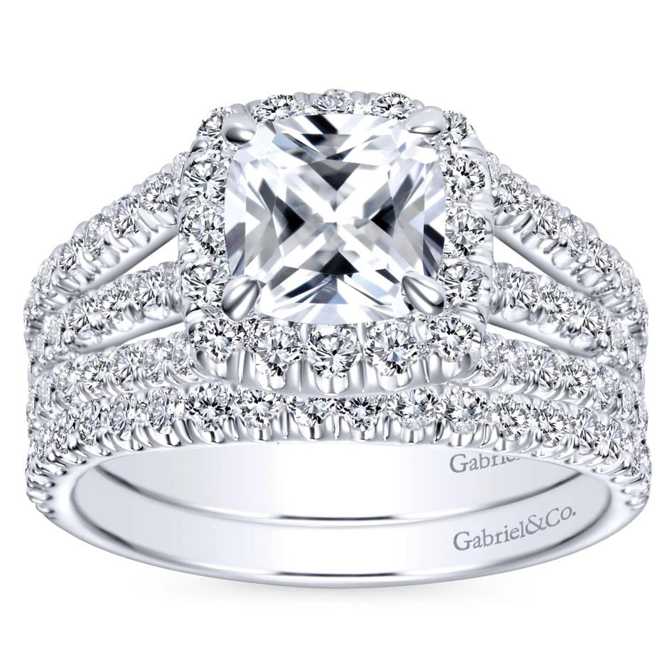 Gabriel Bridal Collection White Gold Diamond Cushion Cut Halo Triple Diamond Accent Engagement Ring (1.18 Ctw) 6 Gabriel Bridal Collection White Gold Diamond Cushion Cut Halo Triple Diamond Accent Engagement Ring (1.18 Ctw) - Image 4
