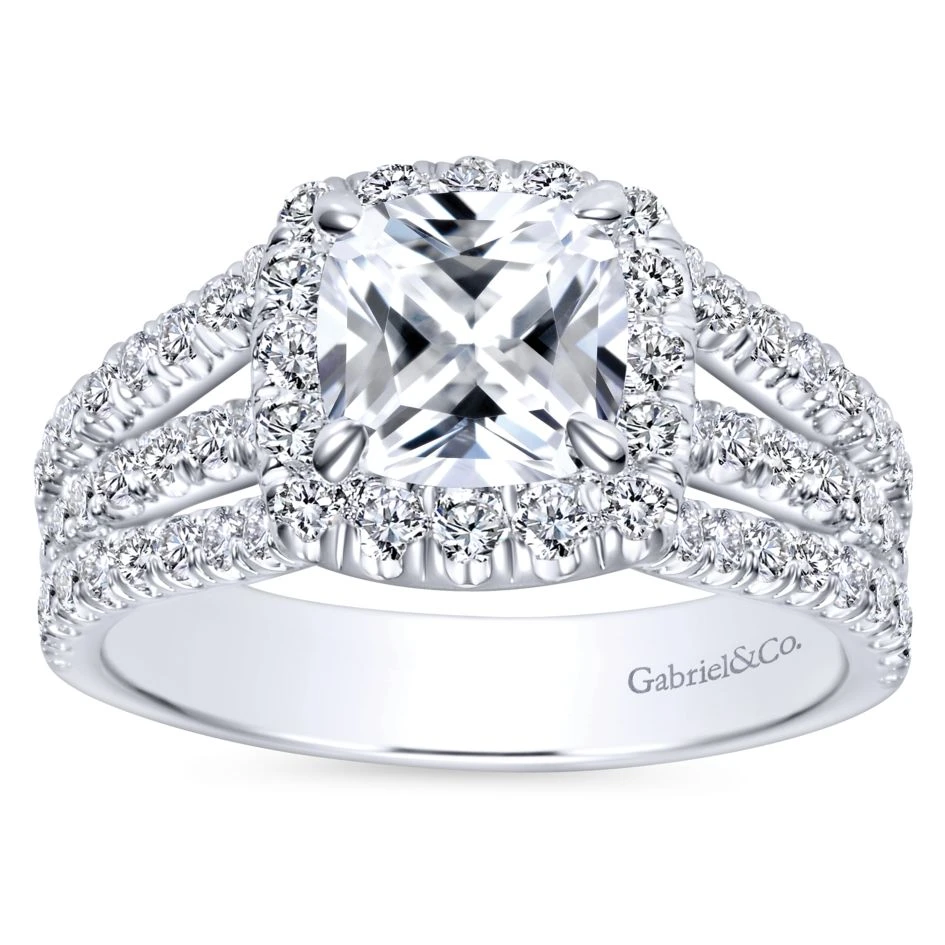 Gabriel Bridal Collection White Gold Diamond Cushion Cut Halo Triple Diamond Accent Engagement Ring (1.18 Ctw) 7 Gabriel Bridal Collection White Gold Diamond Cushion Cut Halo Triple Diamond Accent Engagement Ring (1.18 Ctw) - Image 5